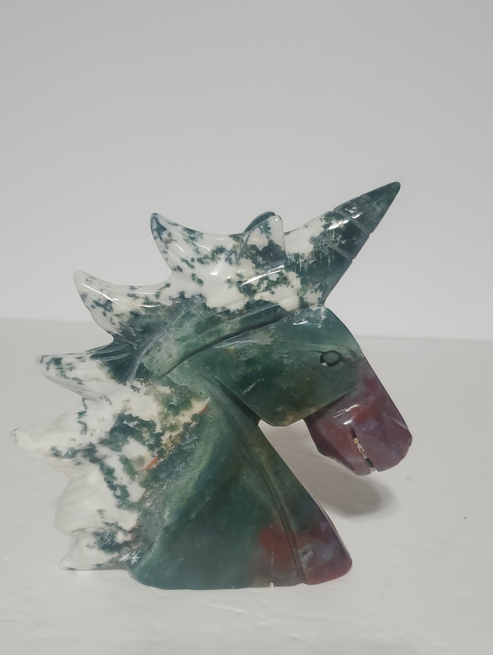 Hand-Carved Moss Agate Unicorn Head Sculpture